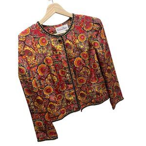 Petites for Maggy Vintage 80's Orange and Red Floral Black Trim Bolero Jacket